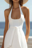 White Satin A Line Halter Tea Length Graduation Dress with Slit