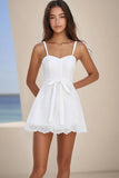 White Lace A Line Mini Graduation Dress with Sash