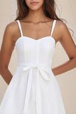 White Lace A Line Mini Graduation Dress with Sash