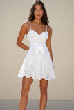 White A Line Lace Mini Graduation Dress with Sash