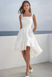 White Satin A Line Square Neck High-Low Graduation Dress with Ruffles