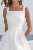 White Satin A Line Square Neck High-Low Graduation Dress with Ruffles