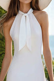 White Sheath High Neck Short Graduation Dress