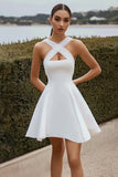 White A Line Satin Crossed Straps Mini Graduation Dress