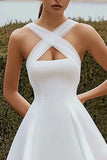 White A Line Satin Crossed Straps Mini Graduation Dress