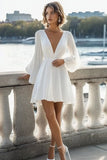 White Long Sleeves Chiffon Mini Graduation Dress