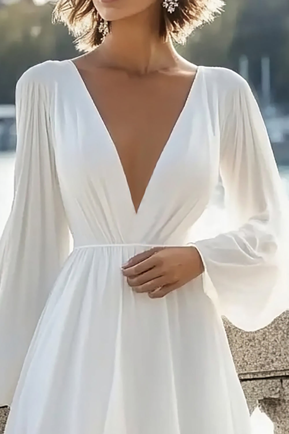 Leely Women White Chiffon Mini Graduation Dress Long Sleeves V-Neck Little White Dress leelyuk Leely Women White Chiffon Mini Graduation Dress Long Sleeves V-Neck Little White Dress leelyuk