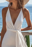 White V-Neck Mini Graduation Dress with Drape
