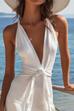 White V-Neck Bodycon Mini Graduation Dress with Sash
