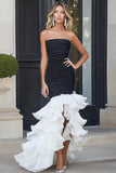 Black White Mermaid Strapless High-Low Cocktail Dress with Ruffles