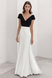 Black White V-Neck Sheath Maxi Formal Dress with Short Sleeves