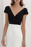 Black White V-Neck Sheath Maxi Formal Dress with Short Sleeves