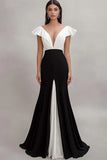 Black White Mermaid V-Neck Maxi Ruffled Formal Dress