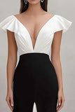 Black White Mermaid V-Neck Maxi Ruffled Formal Dress