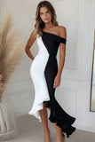 Black White Bodycon One Shoulder Midi Ruffled Cocktail Dress