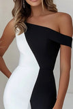 Black White Bodycon One Shoulder Midi Ruffled Cocktail Dress