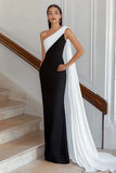Black White Sheath One Shoulder Maix Formal Dress with Side Cape