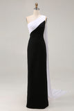 Black White Sheath One Shoulder Maix Formal Dress with Side Cape