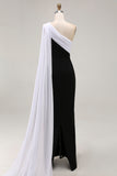 Black White Sheath One Shoulder Maix Formal Dress with Side Cape