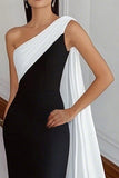 Black White Sheath One Shoulder Maix Formal Dress with Side Cape