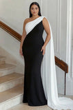 Long Black White Plus Size Sheath One Shoulder Formal Dress with Side Cape