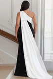 Long Black White Plus Size Sheath One Shoulder Formal Dress with Side Cape