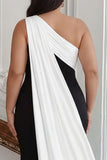 Long Black White Plus Size Sheath One Shoulder Formal Dress with Side Cape