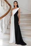 Black White Sheath Ruched One Shoulder Maxi Formal Dress