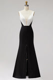 Black White Mermaid Deep V-Neck Maxi Formal Dress with Slit