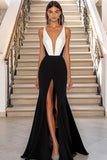 Black White Mermaid Deep V-Neck Maxi Formal Dress with Slit