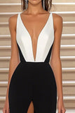 Black White Mermaid Deep V-Neck Maxi Formal Dress with Slit