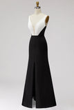Black White Mermaid Deep V-Neck Maxi Formal Dress with Slit