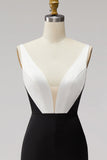 Black White Mermaid Deep V-Neck Maxi Formal Dress with Slit
