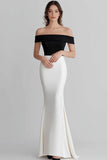 Mermaid Black White Off the Shoulder Satin Maxi Formal Dress