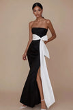 Black White Mermaid Strapless Satin Maxi Formal Dress with Slit