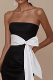 Black White Mermaid Strapless Satin Maxi Formal Dress with Slit