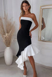 Black White Bodycon Strapless Midi Satin Cocktail Dress with Ruffles