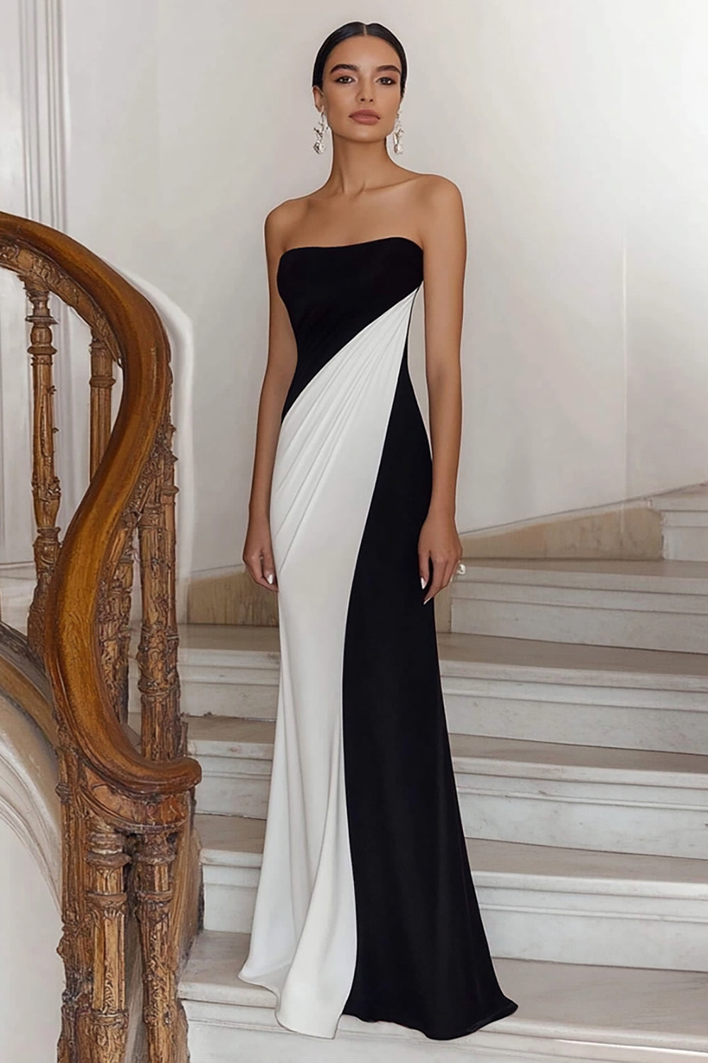Leely Women Black White Sheath Maxi Elegant Formal Dress Strapless Ruched Sleeveless Evening Dress leelyuk Leely Women Black White Sheath Maxi Elegant Formal Dress Strapless Ruched Sleeveless Evening Dress leelyuk