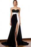 Black White Satin Sweetheart A Line Maxi Formal Dress with Slit