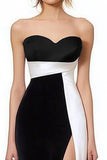 Black White Satin Sweetheart A Line Maxi Formal Dress with Slit