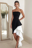 Strapless Sheath Black White Midi Cocktail Dress with Ruffles