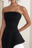 Strapless Sheath Black White Midi Cocktail Dress with Ruffles