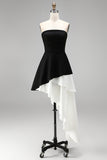 Black and White Strapless Asymmetrical Cocktail Dress with Ruffles