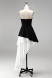 Black and White Strapless Asymmetrical Cocktail Dress with Ruffles