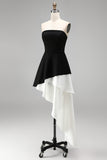 Black and White Strapless Asymmetrical Cocktail Dress with Ruffles