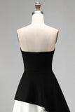 Black and White Strapless Asymmetrical Cocktail Dress with Ruffles