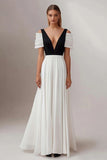 Black White A Line Deep V-Neck Pleated Maxi Formal Dress