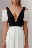 Black White A Line Deep V-Neck Pleated Maxi Formal Dress