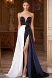 Navy White A Line Maxi Sweetheart Satin Formal Dress with Slit