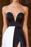 Navy White A Line Maxi Sweetheart Satin Formal Dress with Slit